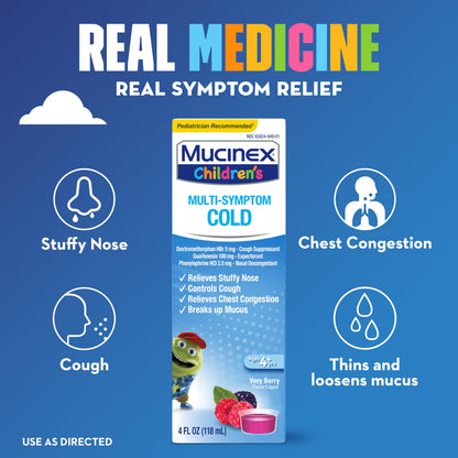 Mucinex Children's Multi-Symptom Cold Medicine, Kids Cough Medicine, Mucinex Kids Medicine/Decongestant with Dextromethorphan HBr, Guaifenesin, Phenylephrine HCl, Very Berry Flavor Liquid, 4 Fl Oz Mucinex buy supplements Au