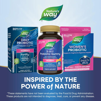 Nature’s Way 3-in-1 Women’s Probiotic Gummies, Reduces Occasional Bloating*, Supports Digestive & Vaginal Health*, Clinically Studied Probiotic Strain, Gluten Free, Orange Flavored, 60 Gummies Nature's WayBuy Supplements Australia