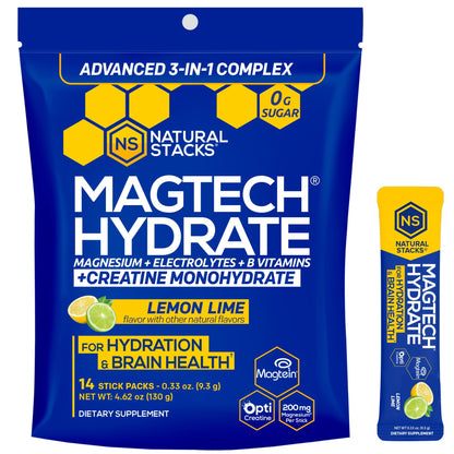 NATURAL STACKS Magtech Magnesium Hydrate + Creatine - Sugar Free Electrolyte Drink - Magtein Magnesium L-Threonate, Glycinate & Taurate - Supports Hydration & Cellular Energy - 14 Hydration Packets NATURAL STACKSBuy Supplements Australia