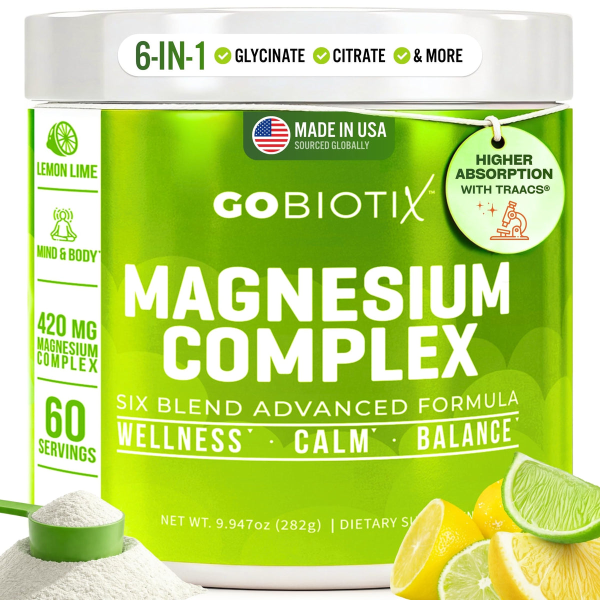 GoBiotix Magnesium Glycinate Powder – Cortisol Supplements for Women and Men – High Absorption Magnesium Complex Calm Supplement with Citrate, Malate – Sugar Free – 420 mg, 60 Servings - Lemon Lime GOBIOTIXBuy Supplements Australia