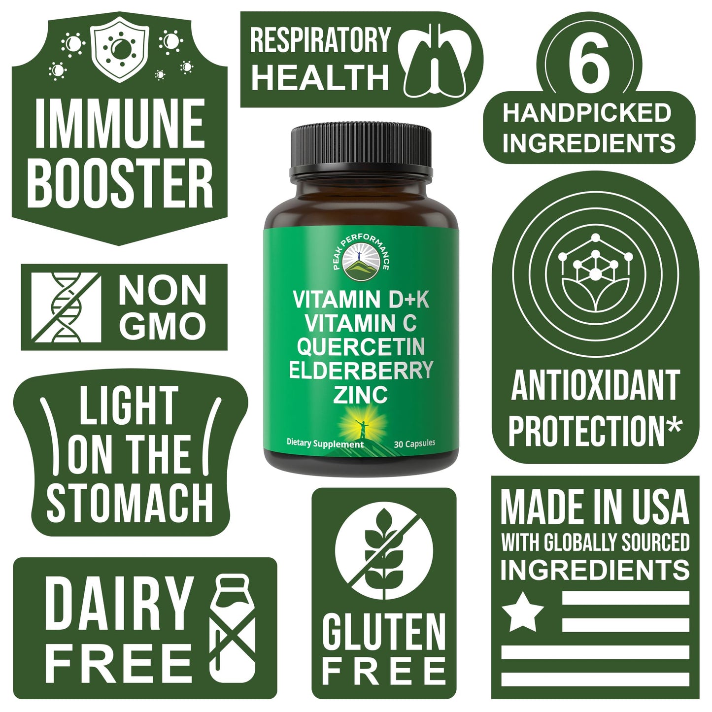 Immune Support Supplement with 6 Top Ingredients. Vitamin D3 K2 + Vitamin C + Elderberry + Zinc + Quercetin. Includes 5000 IU Vitamin D. Immunity Capsules. Supplements for Women and Men Peak PerformanceBuy Supplements Australia