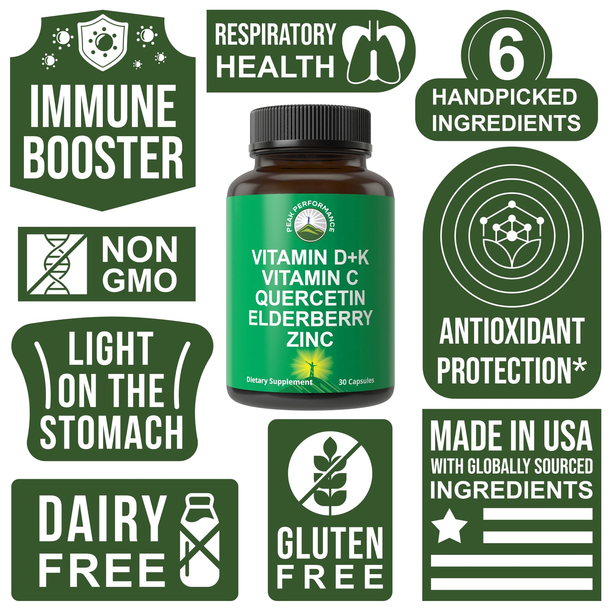 Immune Support Supplement with 6 Top Ingredients. Vitamin D3 K2 + Vitamin C + Elderberry + Zinc + Quercetin. Includes 5000 IU Vitamin D. Immunity Capsules. Supplements for Women and Men Peak PerformanceBuy Supplements Australia