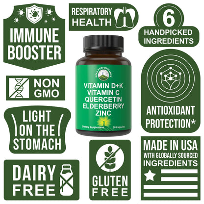 Immune Support Supplement with 6 Top Ingredients. Vitamin D3 K2 + Vitamin C + Elderberry + Zinc + Quercetin. Includes 5000 IU Vitamin D. Immunity Capsules. Supplements for Women and Men Peak PerformanceBuy Supplements Australia