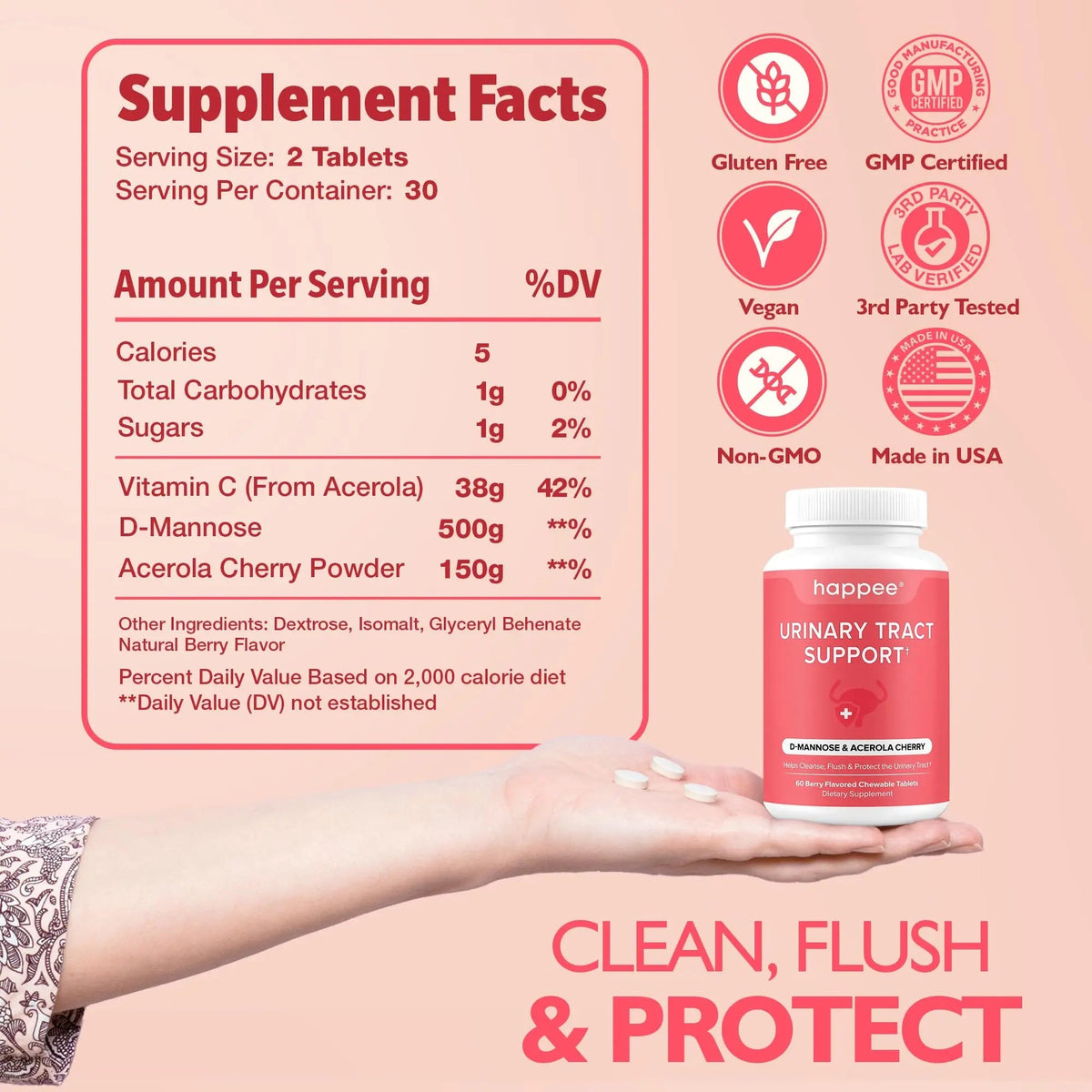 Happee Urinary Tract Health Supplement for Women & Men – Fast-Acting UTI Relief and Prevention, 500mg D-Mannose & Antioxidants, Supports Kidney and Bladder Health, Berry Flavor, 60 Chewables HappeeBuy Supplements Australia