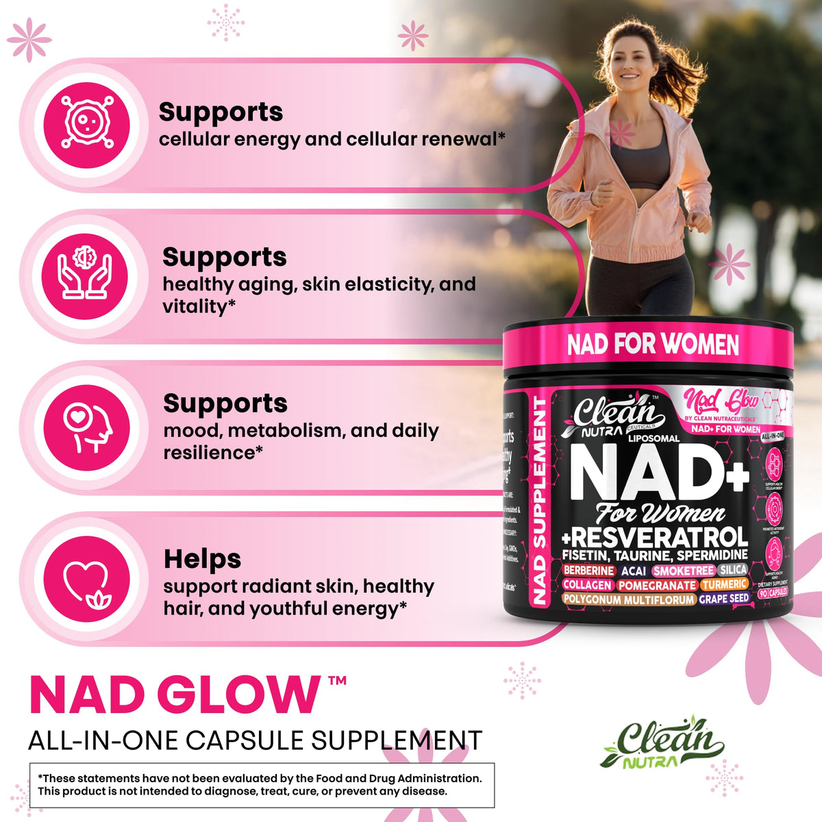 NAD+ Resveratrol Supplement for Women NAD Turmeric Vitamin C Acai Pomegranate Collagen Peptides Nicotinamide Riboside Fisetin Vitamin E Polygonum Multiflorum Berberine 90 Capsules by Clean Nutra Clean NutraceuticalsBuy Supplements Australia