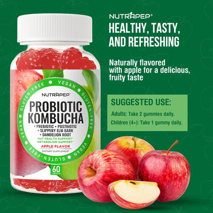 NutraPep Probiotic Kombucha Gummies - Women Men Probiotic Prebiotic Probiotic Blend for Gut Health Bloating Metabolism Support with Slippery Elm Bark Dandelion Root - Vegan Gluten Free Apple Flavor NutraPepBuy Supplements Australia