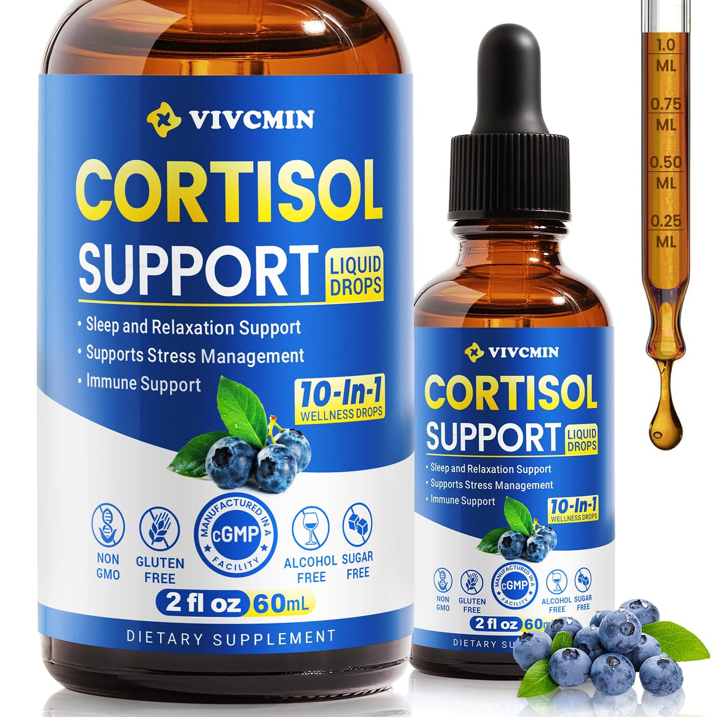 vivcmin 10 in 1 Cortisol Supplements for Women & Men, Cortisol Reducer with Ashwagandha, Magnesium, L-Theanine, Hormone Balance Drops - Sleep & Mood Support, 2 Fl Oz, Blueberry Flavor vivcminBuy Supplements Australia