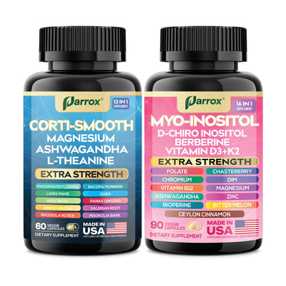 Parrox Cortisol & Myo-Inositol Supplement Bundle, Soothe & Smooth Bundle, 13-in-1 Cortisol Balance, Magnesium, Ashwagandha, L-Theanine, D-Chiro Inositol, Folate, Berberine, Chasteberry (150 Capsules) ParroxBuy Supplements Australia