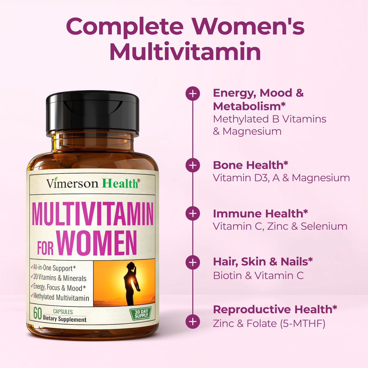 Methylated Multivitamin for Women w/Bioavailable Vitamins, Chelated Minerals, Vitamin D, B12, C, A & Zinc for Energy, Focus and Immune Health Vimerson HealthBuy Supplements Australia