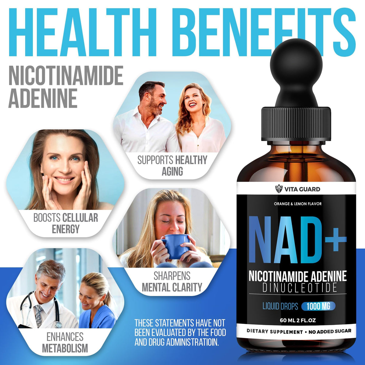 Vita Guard Pure NAD+ Supplements 1000mg Liquid Drops for Women & Man | Nicotinamide Adenine Similar to Nicotinamide Riboside NAD Plus Boosting Supplement - Natural Lemon & Orange Flavor Vita GuardBuy Supplements Australia