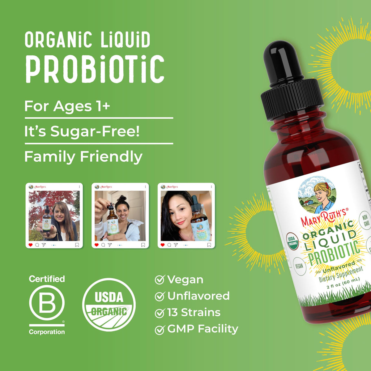 MaryRuth Organics Liquid Probiotic for Ages 4+ | 2 Billion CFU | 13 Probiotic Strains | Gut Health & Digestive Support | Gas & Bloating Support | Vegan | Gluten Free | Travel-Friendly | 20 Servings MARYRUTH'SBuy Supplements Australia