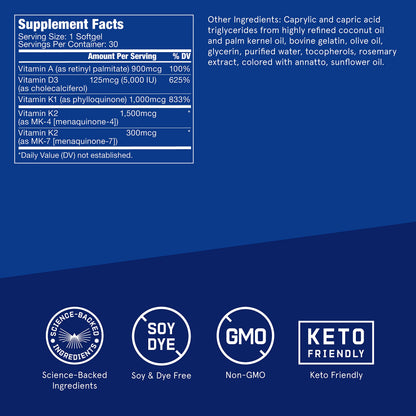 Vitamins A-D-K, 30 Softgels, 900mcg Vitamin A, with 5000 IU D3, K1, K2, K3, High Potency BulletproofBuy Supplements Australia