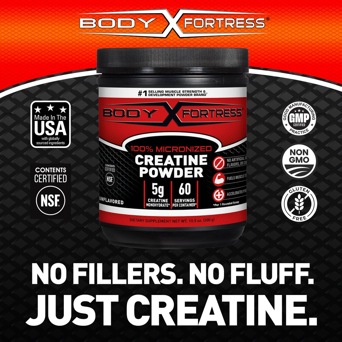 Body Fortress 100% Creatine Monohydrate Powder - Unflavored Micronized Creatine Supplement for Muscle Growth, Strength & Recovery, Pre Workout & Post Workout
