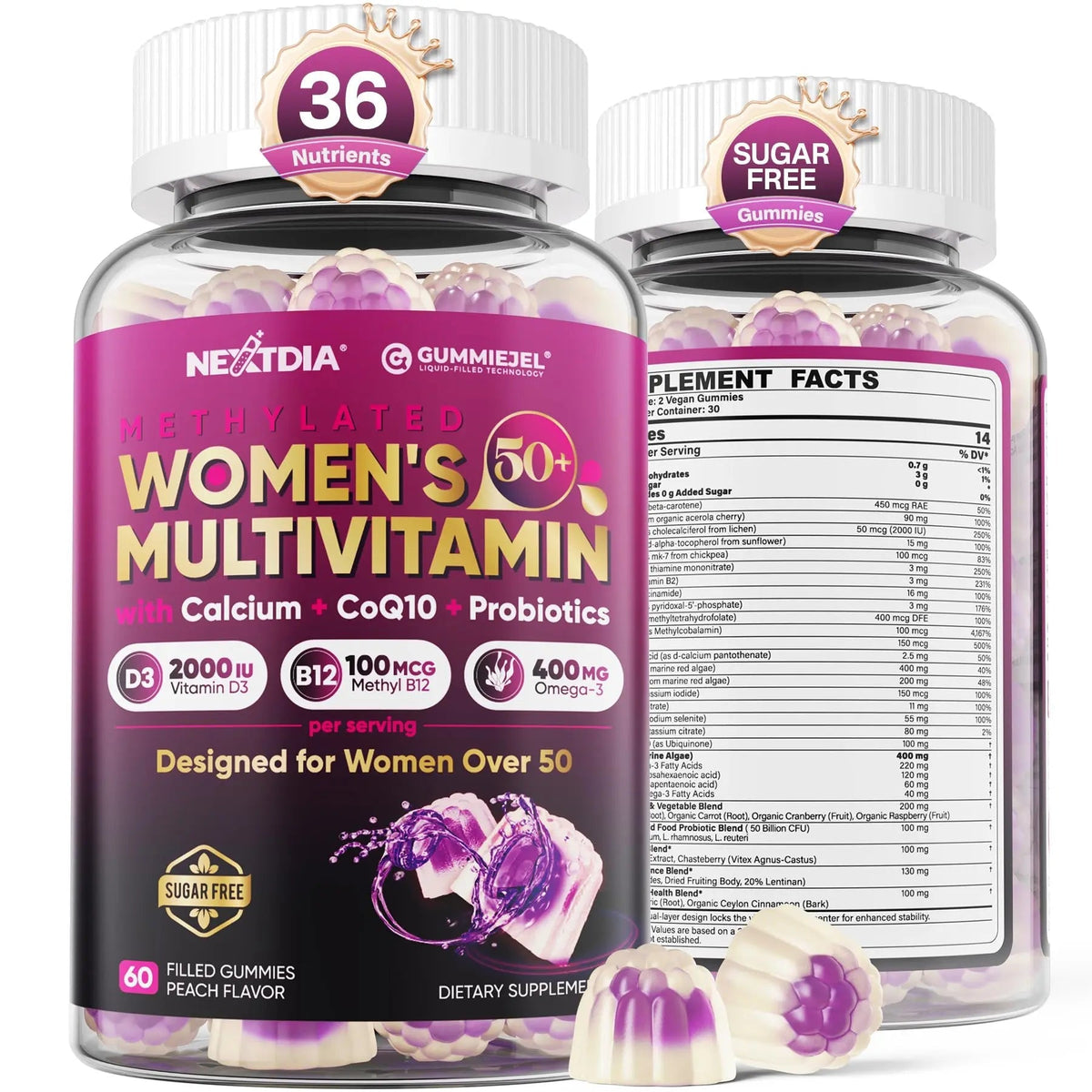 Multivitamin for Women 50 Plus Gummies, Vegan Omega 3, Methylfolate, Calcium, D3 K2, CoQ10, Daily Vitamin A C E, Methylated B12, Biotin, B Complex Nextdia