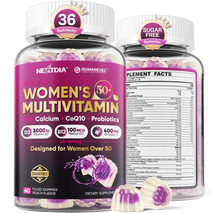 Multivitamin for Women 50 Plus Gummies, Vegan Omega 3, Methylfolate, Calcium, D3 K2, CoQ10, Daily Vitamin A C E, Methylated B12, Biotin, B Complex Nextdia