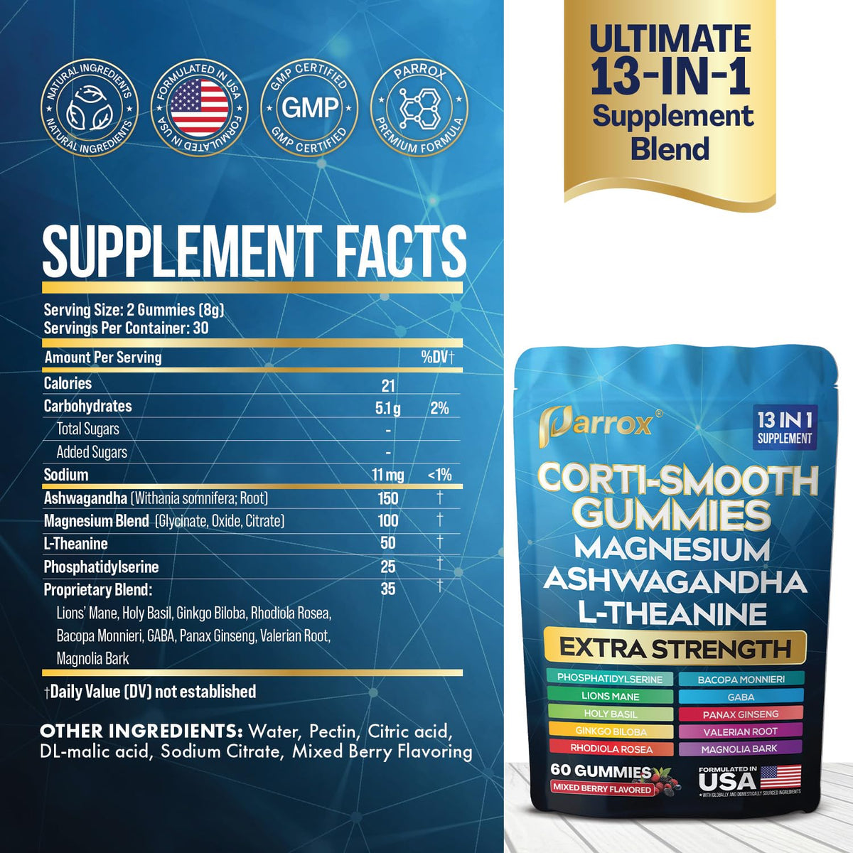 Parrox Corti-Smooth Cortisol Support Gummies with Magnesium, L-Theanine, Ashwagandha, Phosphatidylserine, Bacopa Monnieri, Lions Mane, Ginkgo Biloba, Valerian Root (60 Gummies - Mixed Berry Flavor) ParroxBuy Supplements Australia