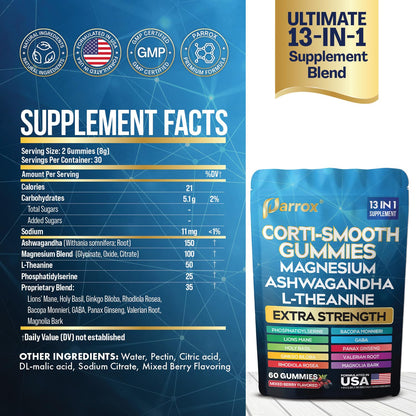 Parrox Corti-Smooth Cortisol Support Gummies with Magnesium, L-Theanine, Ashwagandha, Phosphatidylserine, Bacopa Monnieri, Lions Mane, Ginkgo Biloba, Valerian Root (60 Gummies - Mixed Berry Flavor) ParroxBuy Supplements Australia