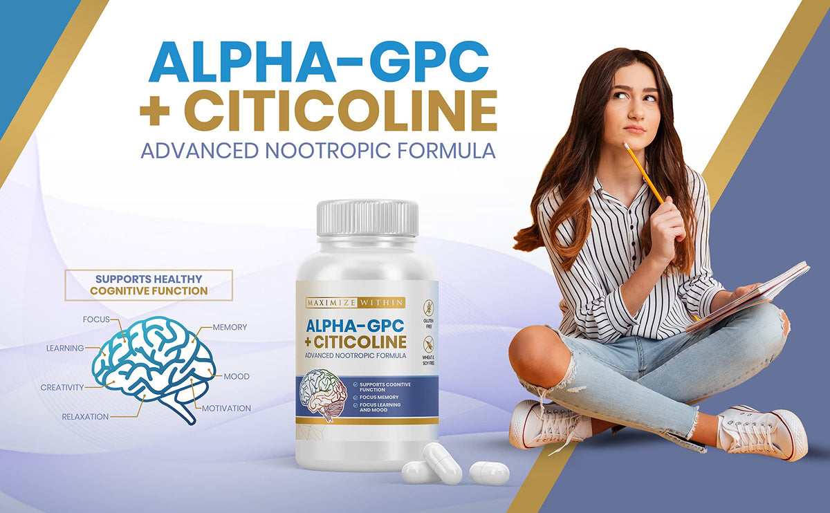 Maximize Within Alpha GPC + Citicoline 60 Ct, 1600mg Concentrated Formula- 99%+Highly Purified & Bioavailable Nootropic-Cognitive Enhancer, Supports Memory, Brain Function, Boosts Focus, Mood & Energy Maximize WithinBuy Supplements Australia