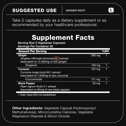 Toniiq Ginger Root Capsules – Ultra High Potency 25:1 Extract with 20% Gingerols – with Curcumin & Black Pepper for Synergy – Lab Tested – 60 Capsules Toniiq buy supplements Au
