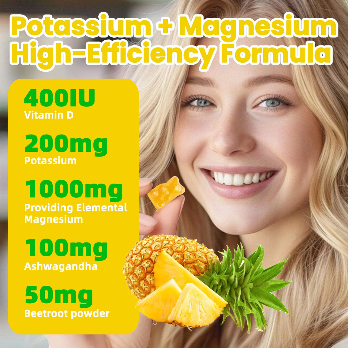 Potassium Magnesium Gummies,High Absorption Magnesium Glycinate,B6,D3,Potassium Citrate for Leg Cramps,Muscle,Electroyte for Adults Kids,Sugar-Free, 60 Gummies (Pineapple) WekannufodBuy Supplements Australia