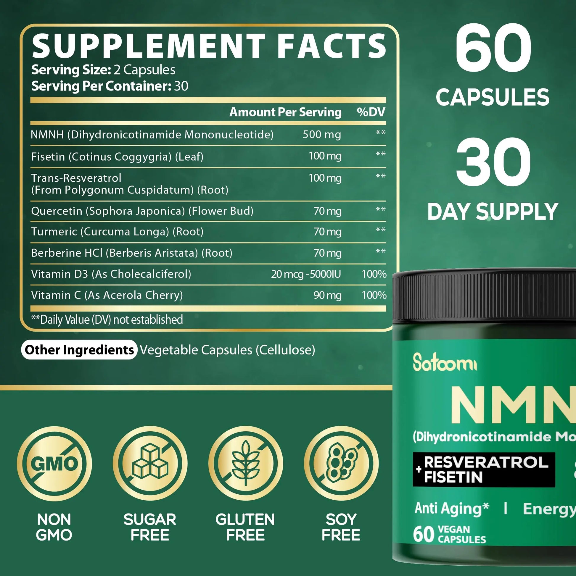 Satoomi 8in1 NMNH - NMN Supplement Alternative - NAD Supplement to Support NAD Levels Added Fisetin, Resveratrol, Quercetin, Turmeric, Berberine, Vitamin D3 & C - 60 Count for 30 Days SatoomiBuy Supplements Australia