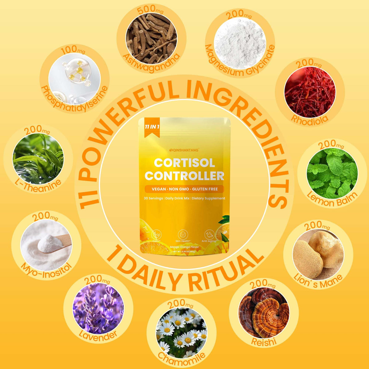 Cortisol Drink Powder, Cortisol Supplements for Women | Magnesium Glycinate, Ashwagandha, L-Theanine & Lion’s Mane | Relaxation, Focus & Stress Balance | Mango Orange Flavor | 30 Servings QIN SHAN TANGBuy Supplements Australia