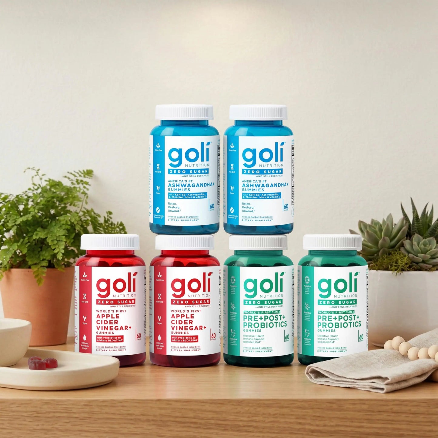 Goli Zero Sugar 6 Pack Bundle - World's First 3-in-1 Pre, Post, Probiotic, Apple Cider Vinegar with Vitamin B12 and Probiotics to Address Bloating, Ashwagandha & L-Theanine, Vitamin D Gummies Goli buy supplements Au