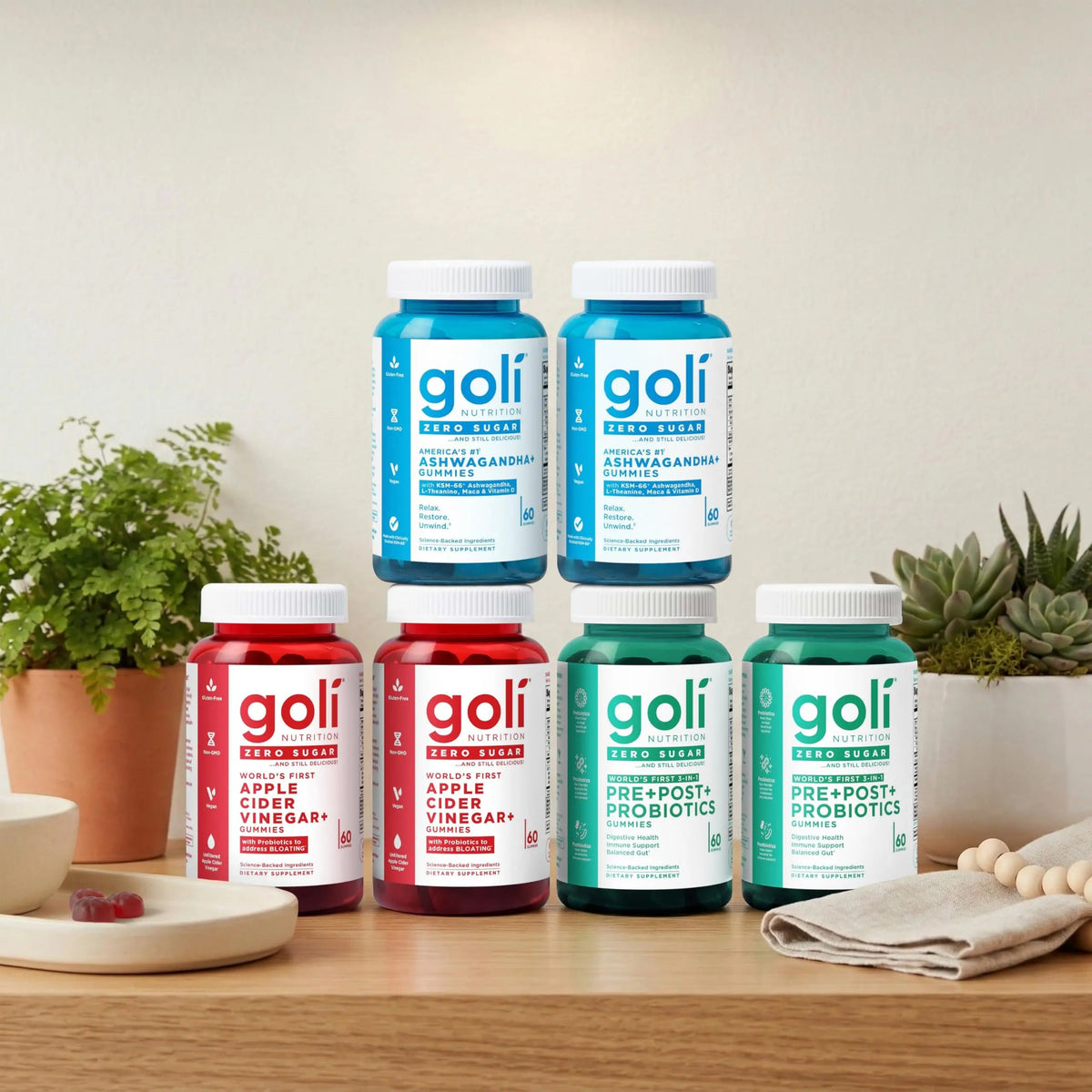 Goli Zero Sugar 6 Pack Bundle - World's First 3-in-1 Pre, Post, Probiotic, Apple Cider Vinegar with Vitamin B12 and Probiotics to Address Bloating, Ashwagandha & L-Theanine, Vitamin D Gummies Goli buy supplements Au