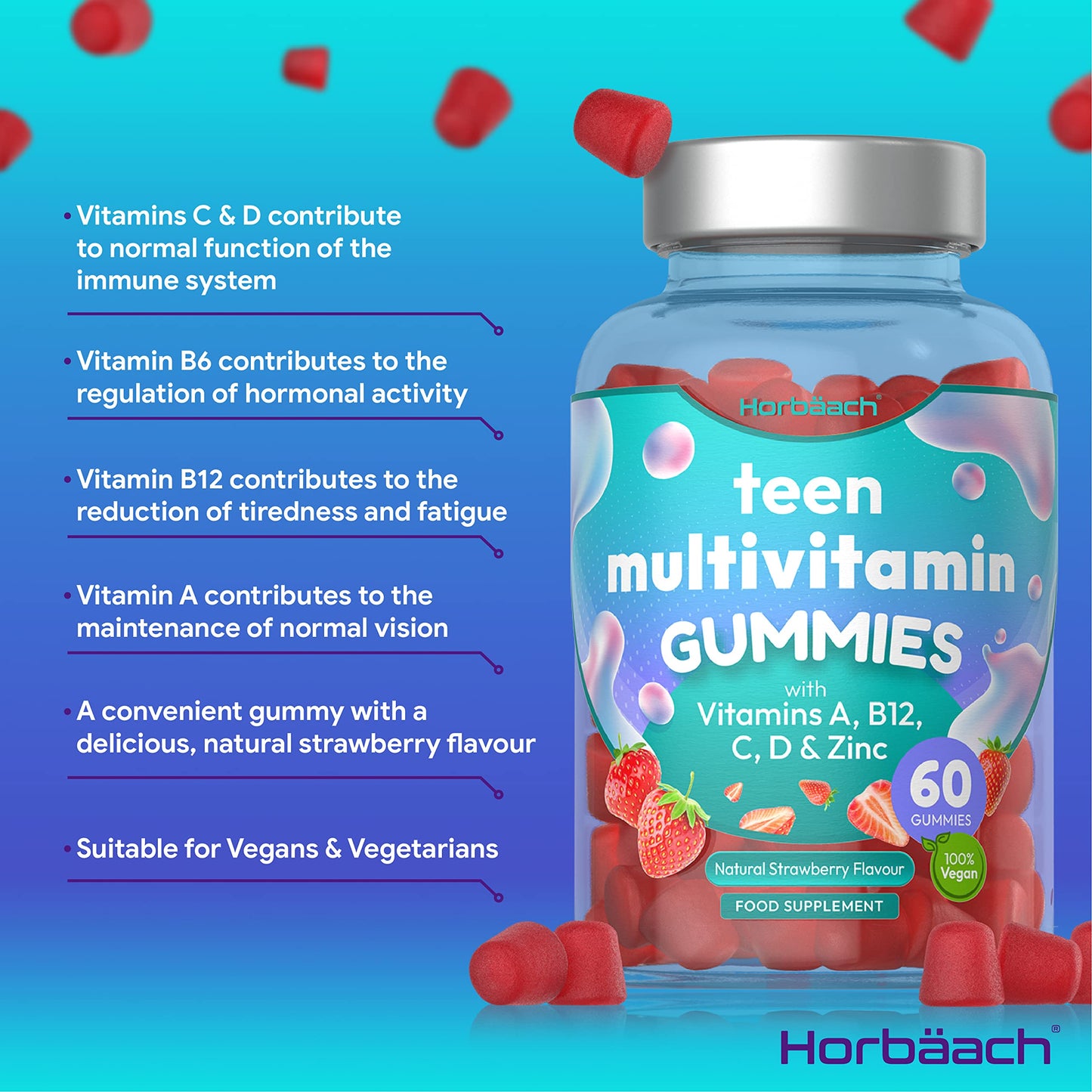 Multivitamins for Teens | 60 Vegan Gummies | 14 Essential Nutrients | with Vitamin A, B12 HorbäachBuy Supplements Australia