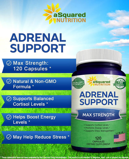 aSquared Nutrition Adrenal Support & Cortisol Manager Supplement (120 Capsules)-Adrenal Health w/Vitamin C Complex Pills to Support Fatigue & Stress Relief-Ashwagandha, L-Tyrosine, Rhodiola & Ginseng aSquared NutritionBuy Supplements Australia