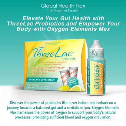 Global Health Trax Ultimate Gut & Oxygen Duo: ThreeLac Lemon Probiotic Powder (60 Packets) & Oxygen Elements Max Drops (1oz) - Digestive Support & Cellular Vitality ght Global Health TraxBuy Supplements Australia