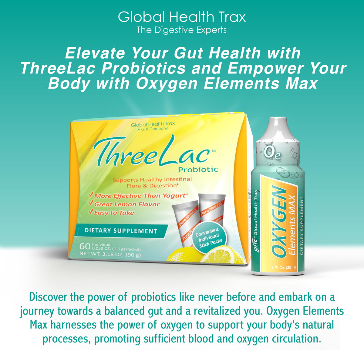 GHT – Ultimate Gut & Oxygen Duo: ThreeLac Lemon Probiotic Powder (180 Packets) & Oxygen Elements Max Drops (3oz) - Digestive Support & Cellular Vitality ght Global Health TraxBuy Supplements Australia
