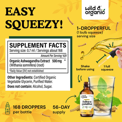 Wild & Organic Ashwagandha Drops - Mood Support & Positive Energy - 500 mg Ashwagandha for Women & Men - Add to Tea Liquid Extract for Relaxation - Non-GMO, Sugar & Alcohol-Free Tincture - 4 fl oz Wild & OrganicBuy Supplements Australia