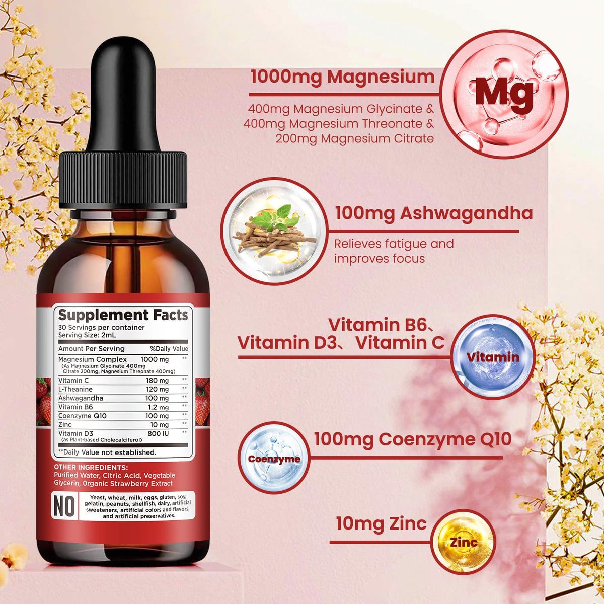 Triple Magnesium Complex Supplement, Magnesium Glycinate, Blend, Citrate Liquid Drops 1000mg with Ashwagandha, CoQ10, Vitamin B6, C, D, Zinc -Support Calm Stress Relief, Bone, Muscle, Mood Vegan dilib buy supplements Au