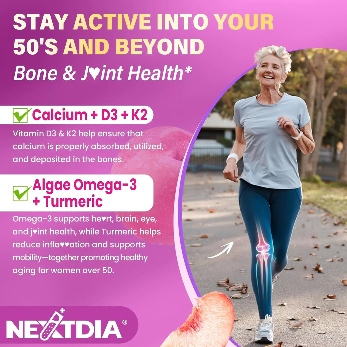 Multivitamin for Women 50 Plus Gummies, Vegan Omega 3, Methylfolate, Calcium, D3 K2, CoQ10, Daily Vitamin A C E, Methylated B12, Biotin, B Complex Nextdia
