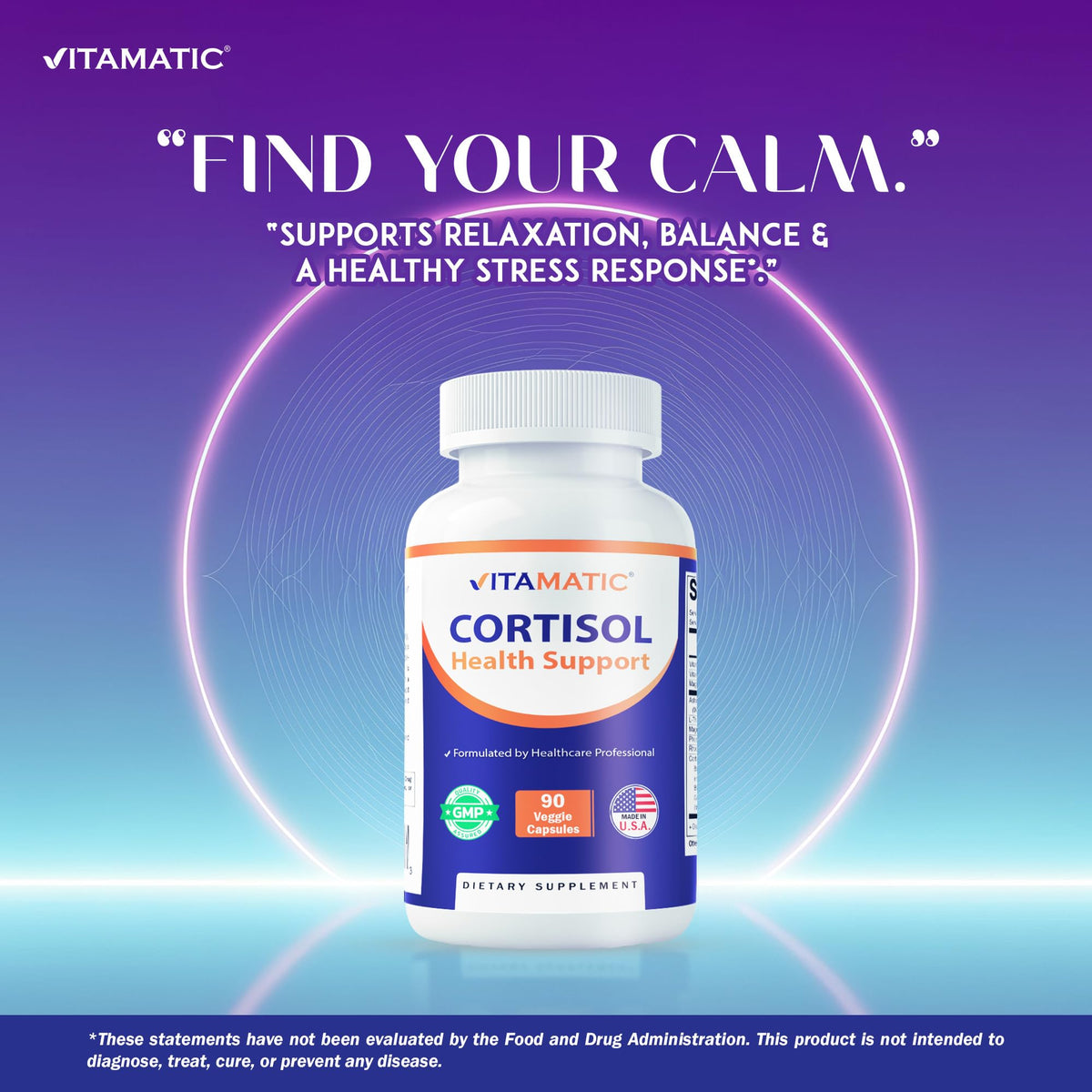 Vitamatic Cortisol Health Support - 90 Veggie Capsules - Made with Adaptogenic Blend with Ashwagandha, Rhodiola, Magnolia, L-Theanine, Phosphatidylserine VitamaticBuy Supplements Australia