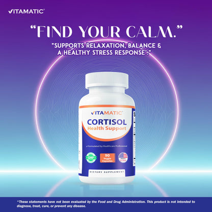 Vitamatic Cortisol Health Support - 90 Veggie Capsules - Made with Adaptogenic Blend with Ashwagandha, Rhodiola, Magnolia, L-Theanine, Phosphatidylserine VitamaticBuy Supplements Australia