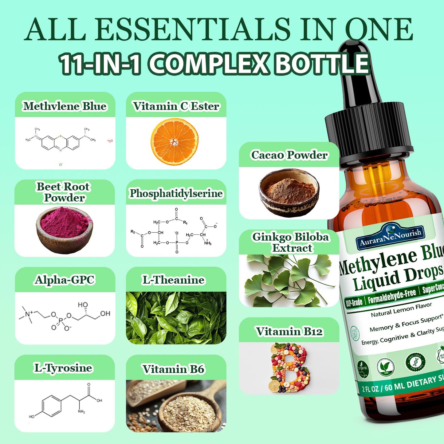 Methylene Blue Drops 1% Solution, Pharmaceutical Grade for Humans 11-in-1 Nootropic Blend w.Vitamin C Ester Cacao & L-Theanine, Third-Party Tested Methyl Blue, No Formaldehyde, Memory Focus Cognitive AuraraNeNourishBuy Supplements Australia
