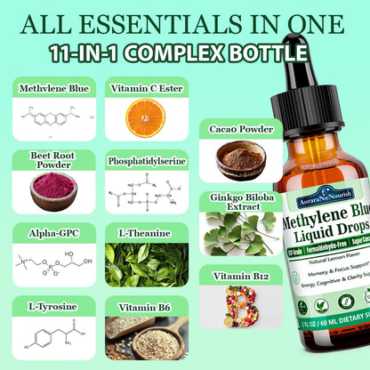 Methylene Blue Drops 1% Solution, Pharmaceutical Grade for Humans 11-in-1 Nootropic Blend w.Vitamin C Ester Cacao & L-Theanine, Third-Party Tested Methyl Blue, No Formaldehyde, Memory Focus Cognitive AuraraNeNourishBuy Supplements Australia