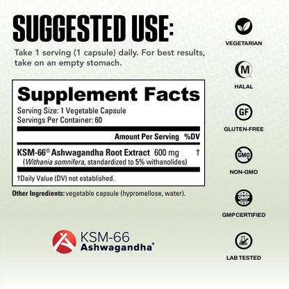 NutraBio Ashwagandha KSM-66 | Ashwagandha Herbal Supplement for Stress, Mood, & Performance | 600 MG of Clinically Studied KSM66 60 Capsules NutraBioBuy Supplements Australia