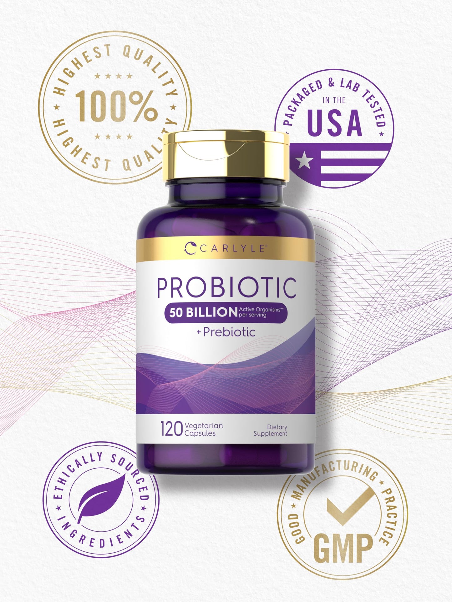 Carlyle Probiotics with Prebiotics | 120 Capsules | 50 Billion Active Organisms | Non-GMO & Gluten Free Supplement