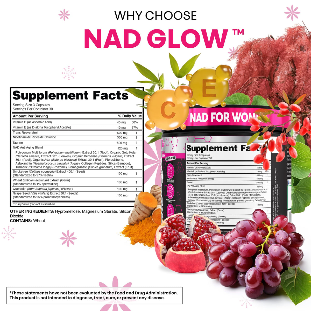 NAD+ Resveratrol Supplement for Women NAD Turmeric Vitamin C Acai Pomegranate Collagen Peptides Nicotinamide Riboside Fisetin Vitamin E Polygonum Multiflorum Berberine 90 Capsules by Clean Nutra Clean NutraceuticalsBuy Supplements Australia