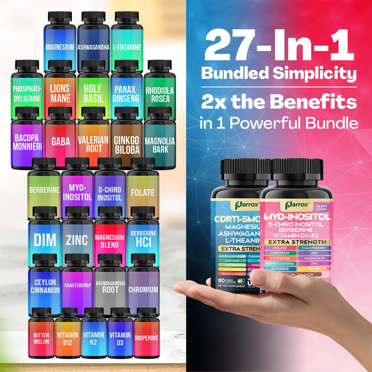 Parrox Cortisol & Myo-Inositol Supplement Bundle, Soothe & Smooth Bundle, 13-in-1 Cortisol Balance, Magnesium, Ashwagandha, L-Theanine, D-Chiro Inositol, Folate, Berberine, Chasteberry (150 Capsules) ParroxBuy Supplements Australia