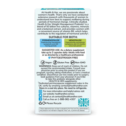 Health & Her Weight Management Probiotics for Women - Perimenopause & Menopause Supplement - Clinically Studied 50bn CFU Probiotics to Support Gut Health, Energy, Mood & Mind, Vegan (60 ct - 1 Month) Health and HerBuy Supplements Australia
