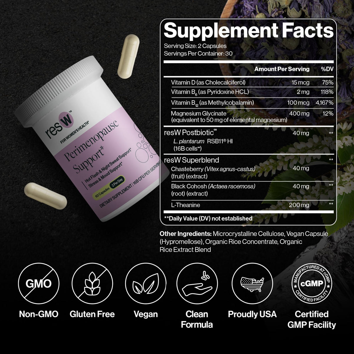 resW Perimenopause Postbiotic Supplement for Women - Hot Flash Support, Night Sweat Relief, Hormone Free, Vegan, Gluten Free, Non GMO, Plant Based Gut Health Support - 60 Capsules ResBioticBuy Supplements Australia