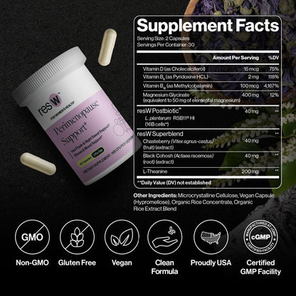 resW Perimenopause Postbiotic Supplement for Women - Hot Flash Support, Night Sweat Relief, Hormone Free, Vegan, Gluten Free, Non GMO, Plant Based Gut Health Support - 60 Capsules ResBioticBuy Supplements Australia