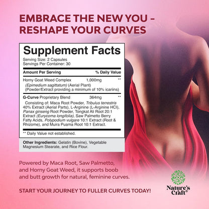 G-Curve Butt and Breast Growth Capsules - Horny Goat Weed Muira Puama & Maca Root for Butt Growth Support - Advanced Herbal Formula