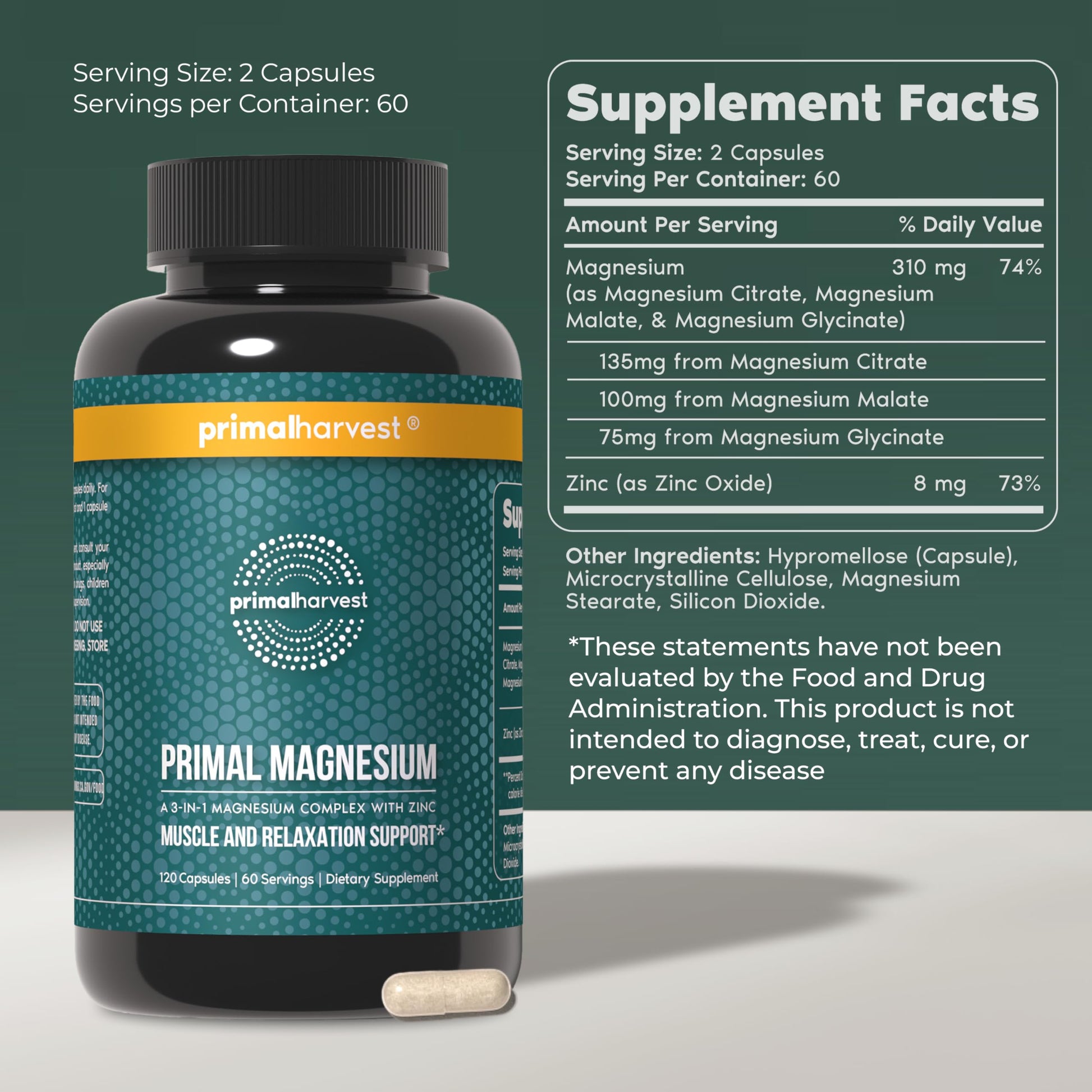 Magnesium Supplement Complex 310mg by Primal Harvest with Magnesium Glycinate, Citrate, Malate, and Zinc 120 Capsules Primal Harvest canada supplements