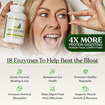 BiOptimizers MassZymes - Complete Digestive Enzymes Supplement for Gut Health - Bloating Relief for Men and Women - Lipase Amylase Bromelain