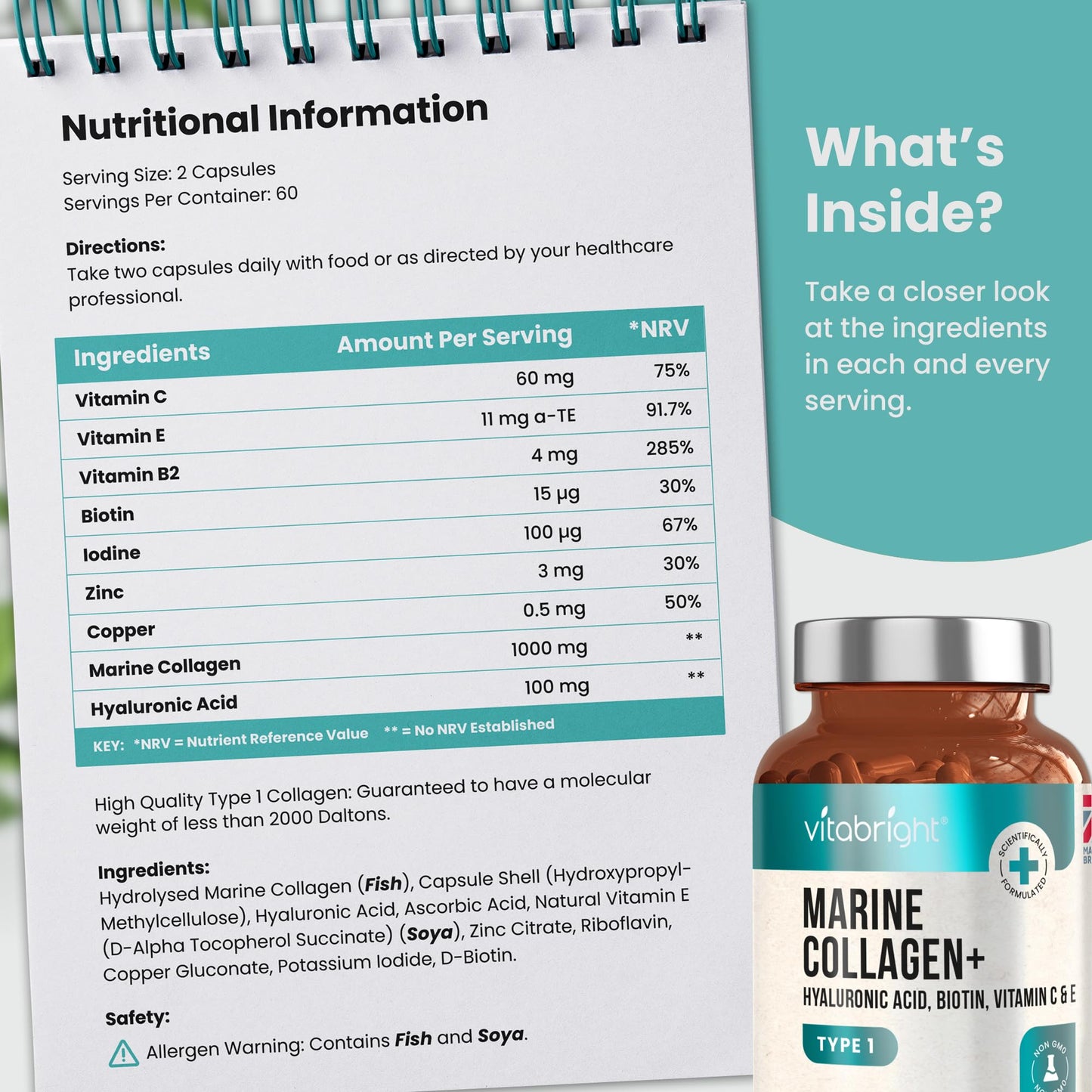 Marine Collagen Capsules 1000mg - 120 Capsules - 9 Powerful Skin Supporting Nutrients VitaBrightBuy Supplements Australia